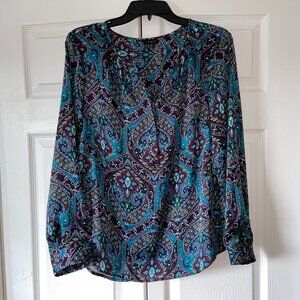 Talbots Large Petite Turquoise Purple Floral Paisley Print Long Sleeve Blouse